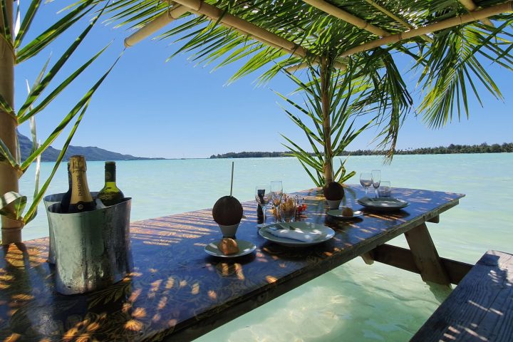 water next to a palm tree on a table